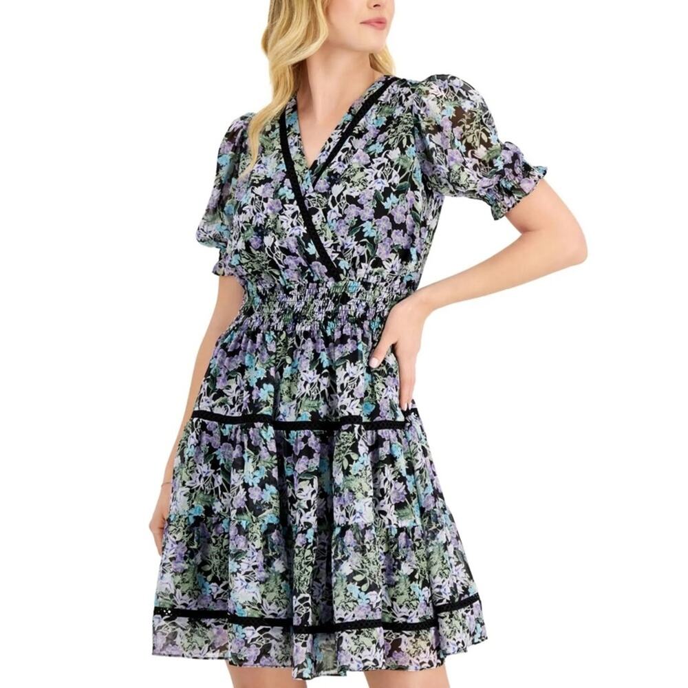 Taylor Mini Dress 2 Blue Purple Floral Chiffon Puff Sleeve Feminine - Picture 9 of 9